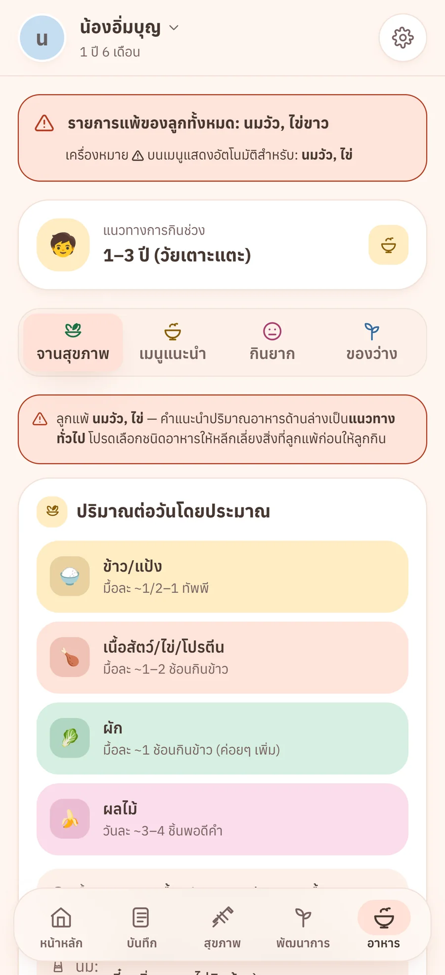 เมนูอาหารตามวัยและเตือนการแพ้